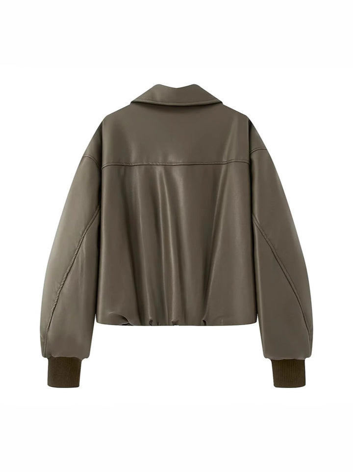 Damen lässige Kunstlederjacke mit voluminösem Schnitt und praktischen Taschen Drune