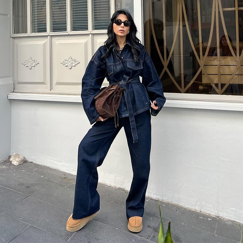 Damen weite Jeans mit hochtailliertem Schnitt und klassischen Taschen Drune