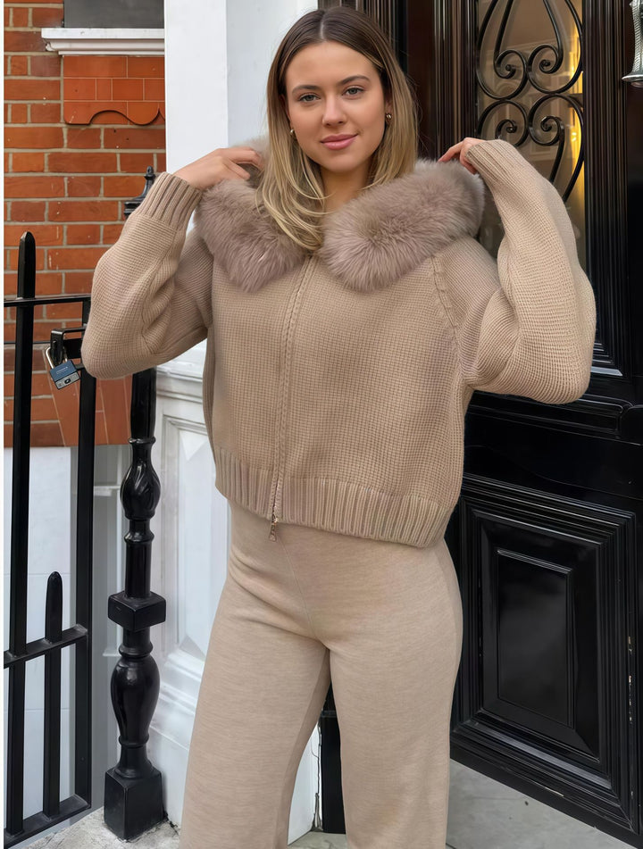 Damen Strickjacke mit Kunstfellkapuze Drune