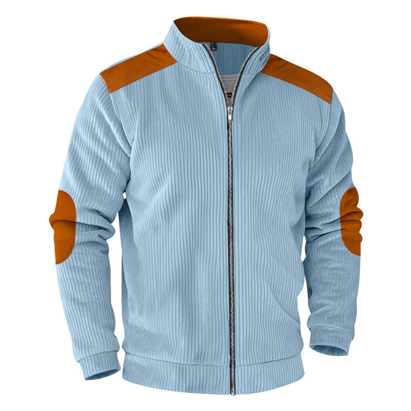 Herren nan gerippte Stehkragen-Sweatjacke mit durchgehendem Reißverschluss, Schulter- und Ellbogen-Patches Drune