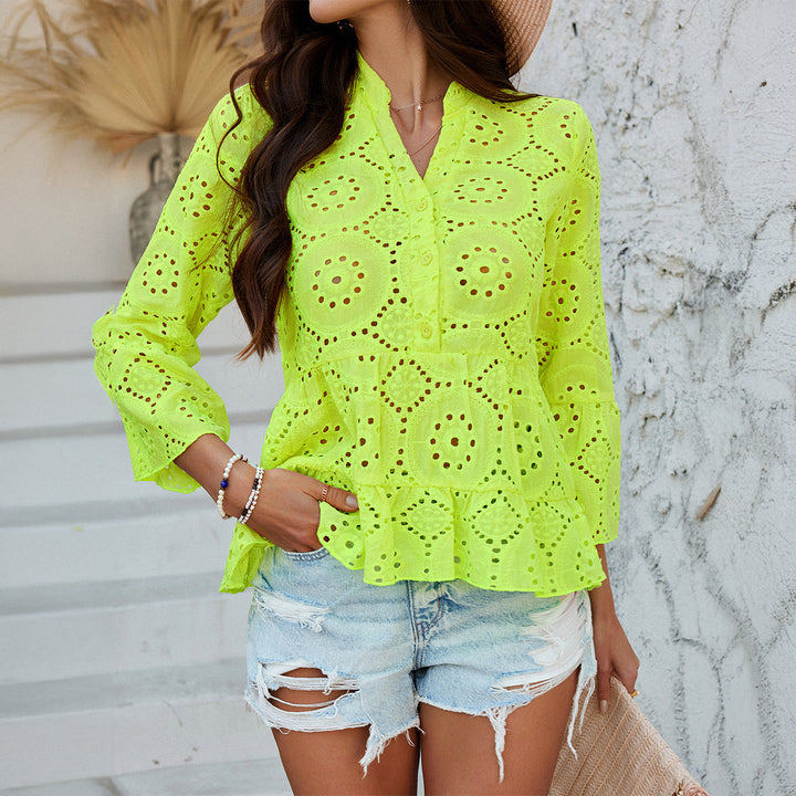 Damen Bluse mit Lochmuster und ausgestellten Ärmeln Drune