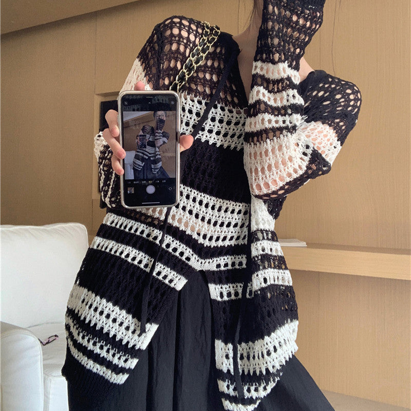 Damen luftiger Strickpullover mit modernem Netzdesign und langen Ärmeln Drune