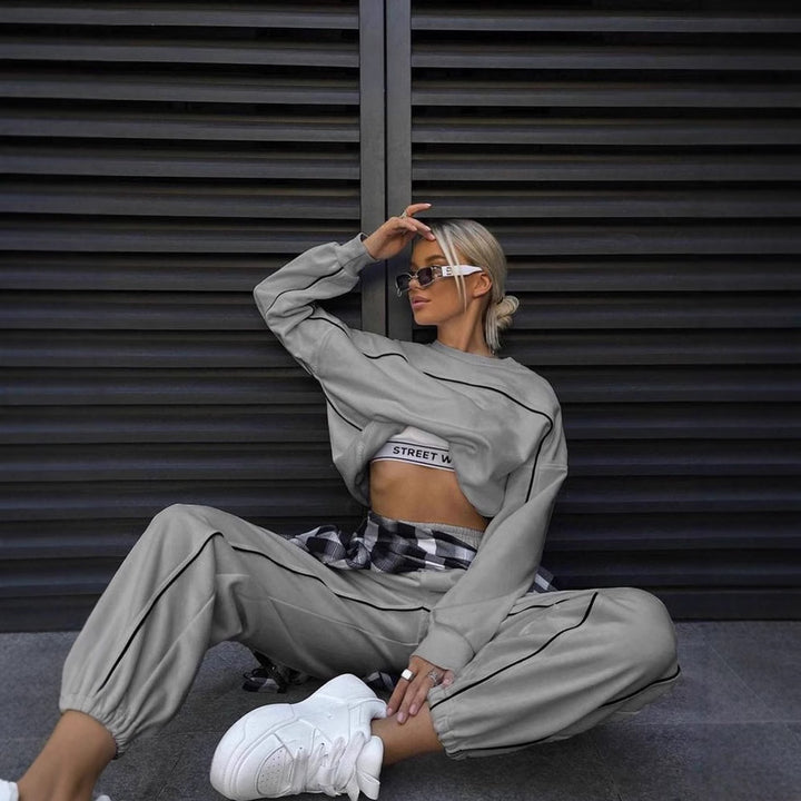 Damen nan kurzes Crop-Sweatshirt und lässige Jogginghose mit kontrastierenden Paspeln Drune