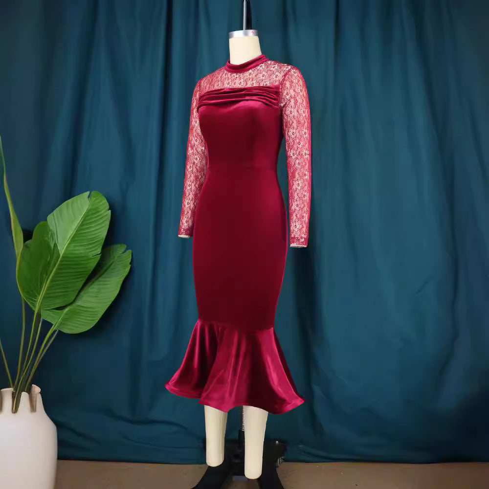 Damen Elegant Fit-and-Flare Kleid mit Spitzenärmeln Drune