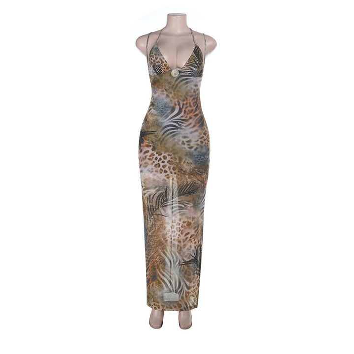 Damen Maxikleid mit tierischem Muster und raffiniertem V-Ausschnitt Drune