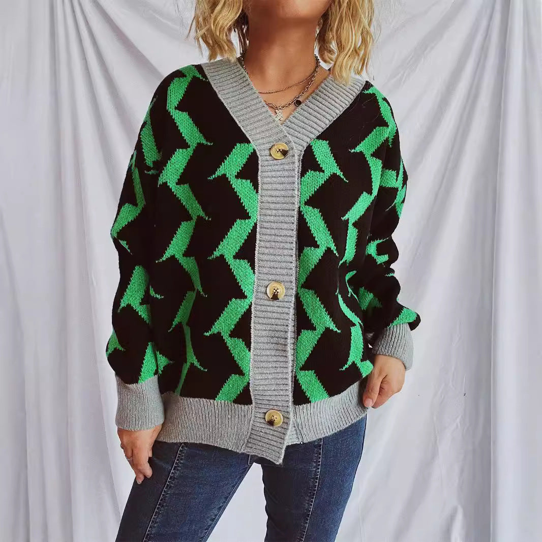 Damen Strickjacke mit modernem geometrischen Muster und eleganten Knopfdetails Drune