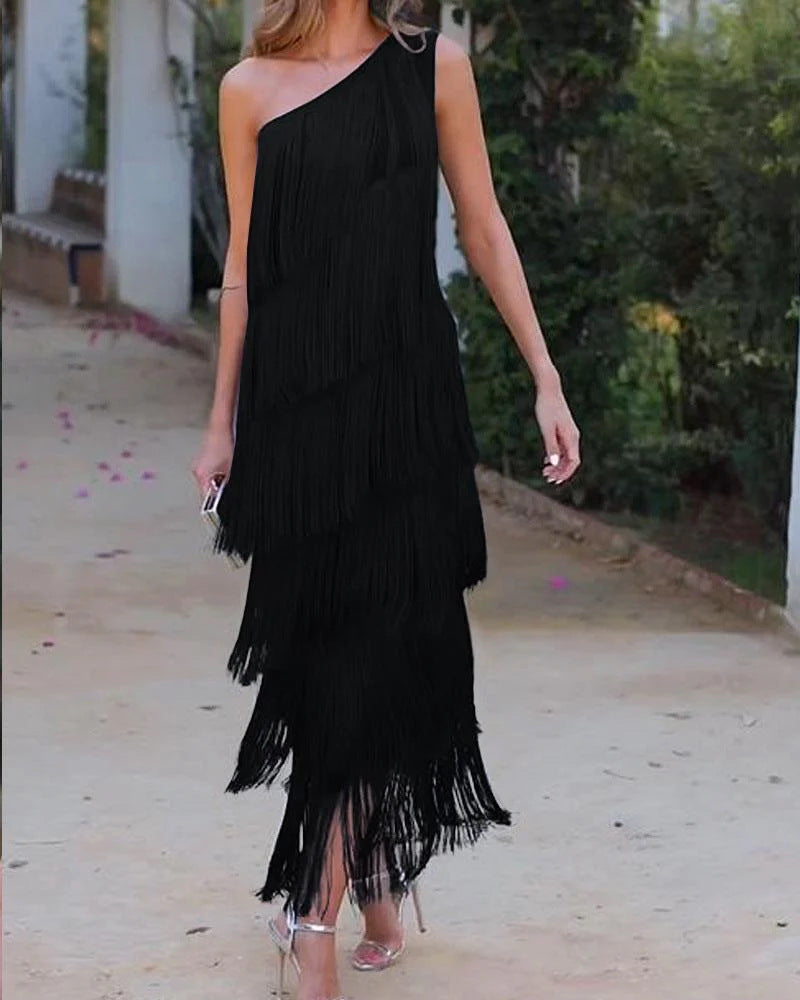 Damen Fransen Maxikleid mit asymmetrischem Schnitt und elegantem Detail Drune