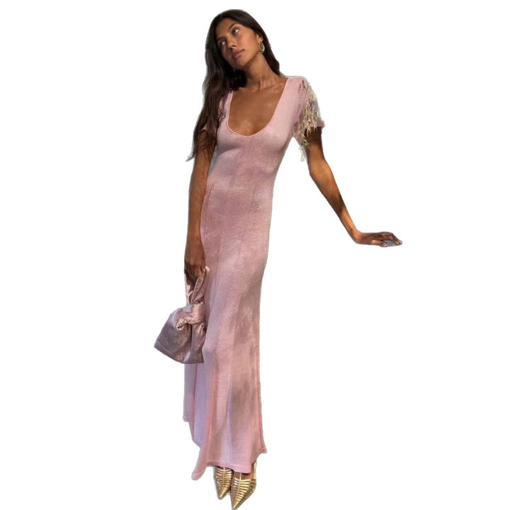 Damen elegantes figurbetontes Maxikleid mit V-Ausschnitt Drune