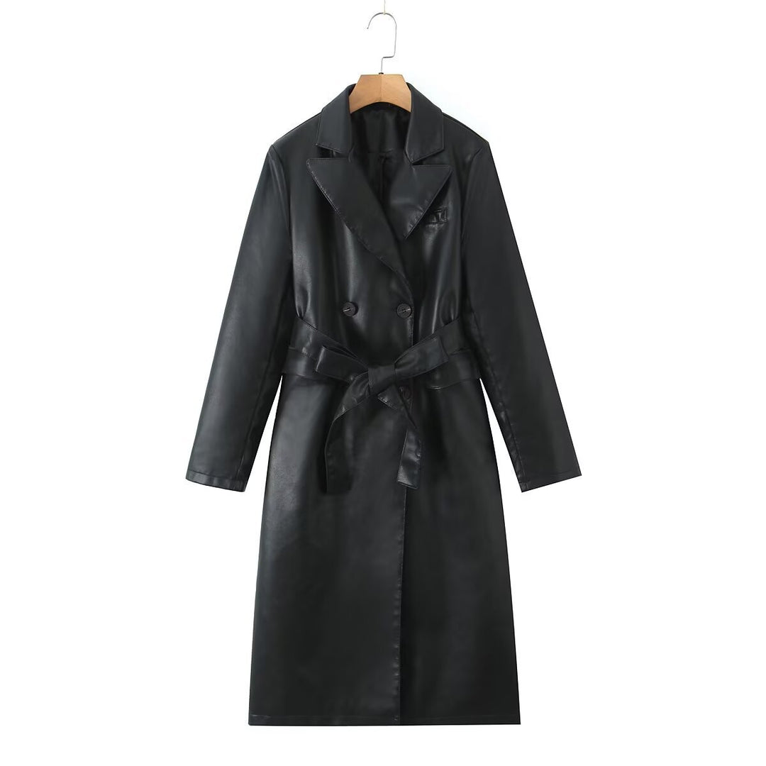 Damen Kunstleder Trenchcoat mit taillierbarem Gürtel und doppelter Knopfleiste Drune