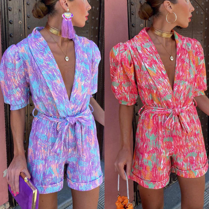 Damen Eleganter Jumpsuit mit tiefem V-Ausschnitt und knöpfbarem Gürtel Drune