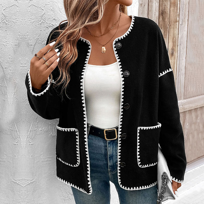 Damen Kuschelige Strickjacke mit dekorativen Kontrastnähten und praktischen Taschen Drune