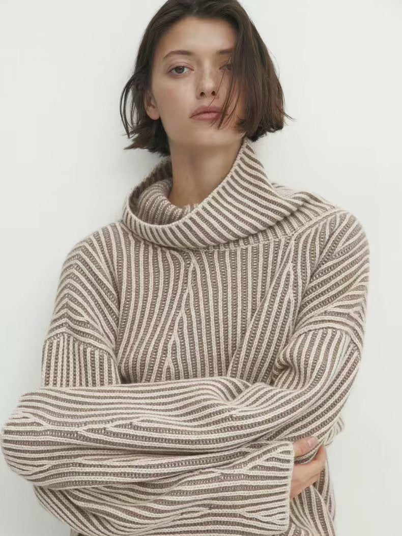 Damen gemütlicher Strickpullover mit hohem Kragen und modernen Streifen Drune
