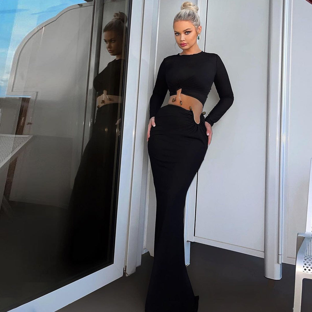 Damen Crop-Top und Maxi-Rock Kombi mit hohem Schlitz und eleganter Raffung Drune