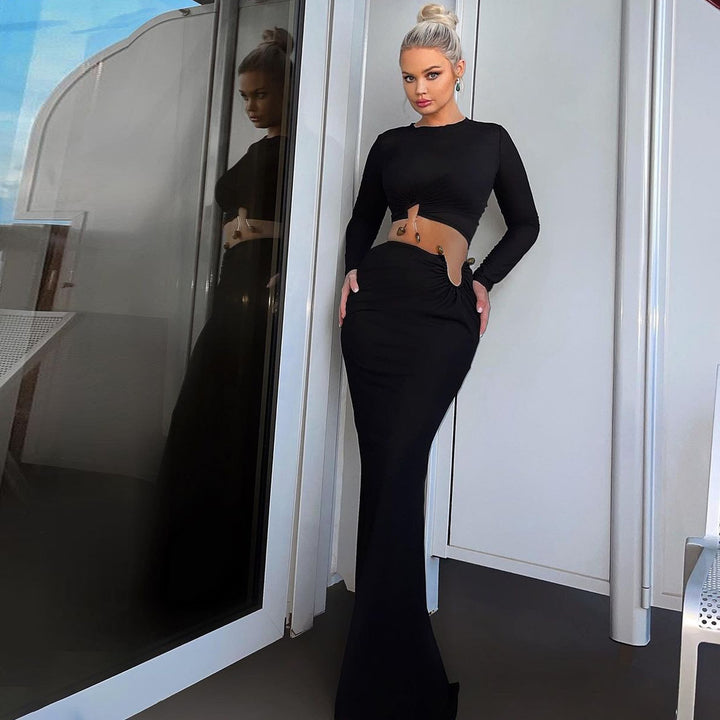 Damen Crop-Top und Maxi-Rock Kombi mit hohem Schlitz und eleganter Raffung Drune