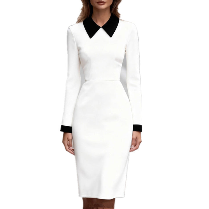 Damen figurbetontes Kleid mit Kontrastkragen und langen Ärmeln Drune