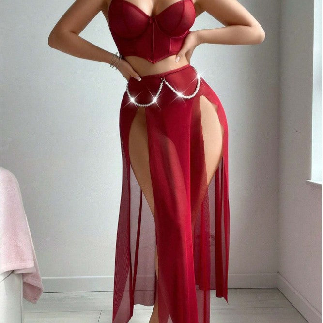 Damen verführerisches Dessous-Set mit transparentem Rock und dekorativem Schmuckelement Drune