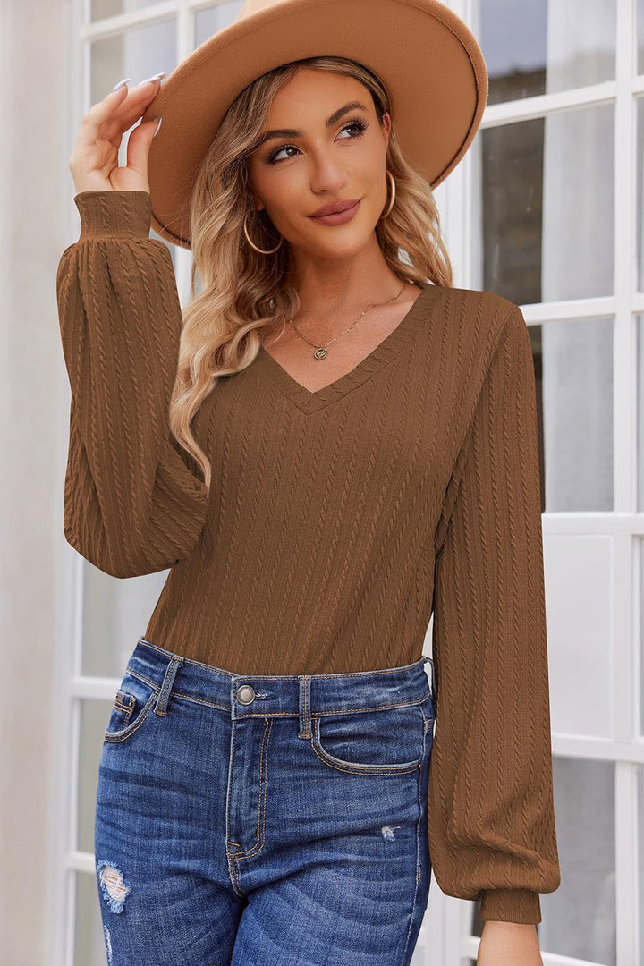 Damen Strickbluse mit feiner Rippstruktur und lässigem V-Ausschnitt Drune