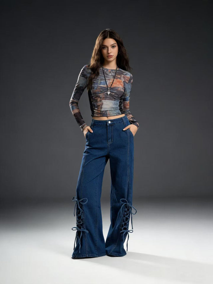 Damen Schlagjeans mit trendigem Schnürdetail und weitem Bein Drune