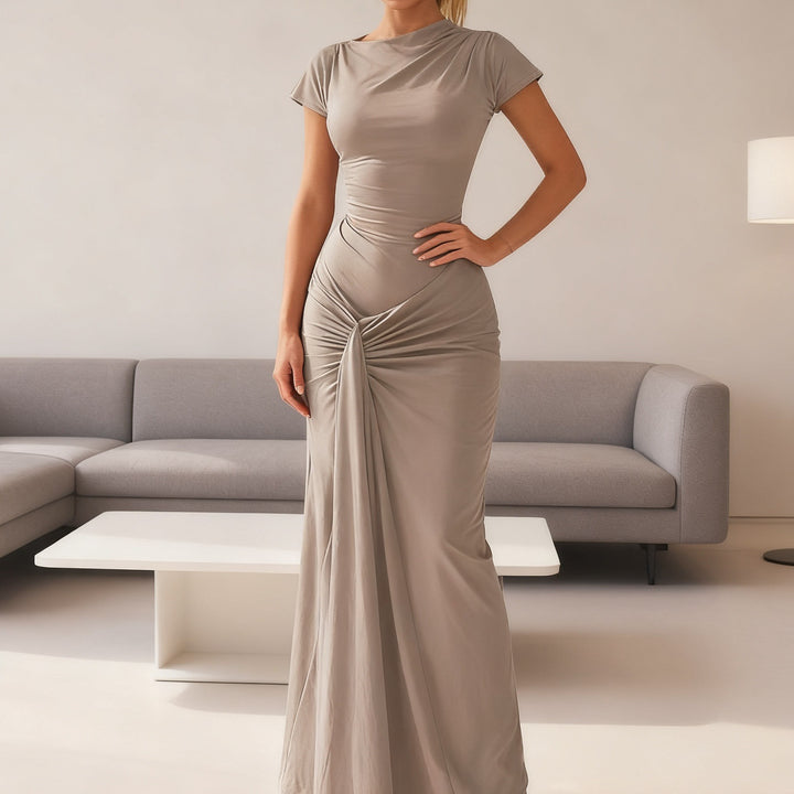 Damen Elegantes Langarm Maxi-Kleid mit Drapierung und figurformendem Schnitt Drune