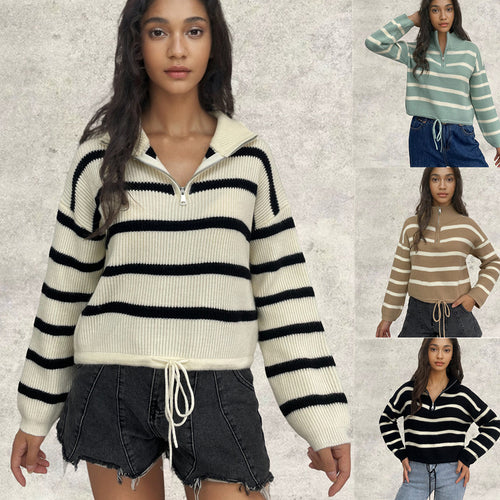 Damen Strickpullover mit Stehkragen und Kordelzug Drune