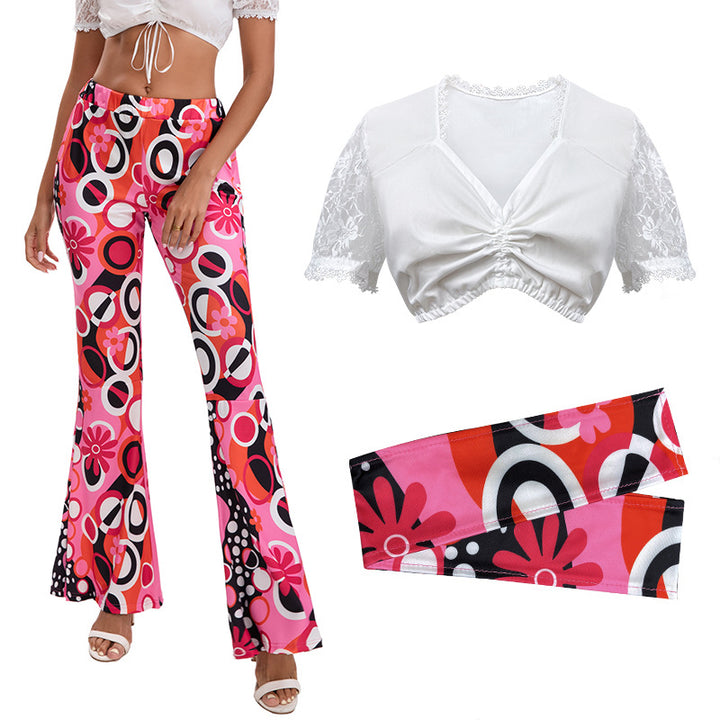 Damen nan Retro Schlaghose Set mit Spitzen-Cropped-Top und bedrucktem Stirnband Drune