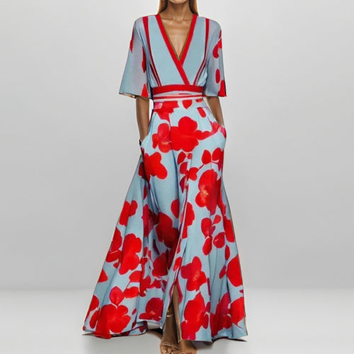 Damen Maxikleid mit buntem abstrakten Muster und V-Ausschnitt Drune