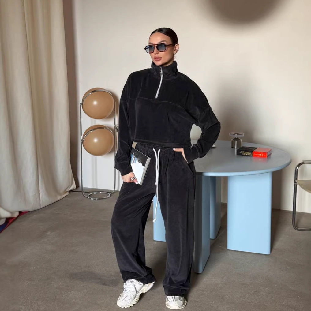 Damen cropped Sweatshirt mit halbem Reißverschluss und weiten Hosen Drune