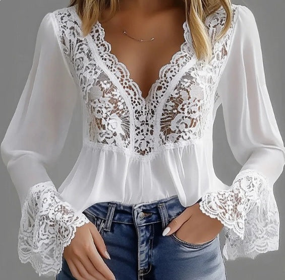 Damen elegante Bluse mit Spitzendetails und gerafftem Saum Drune