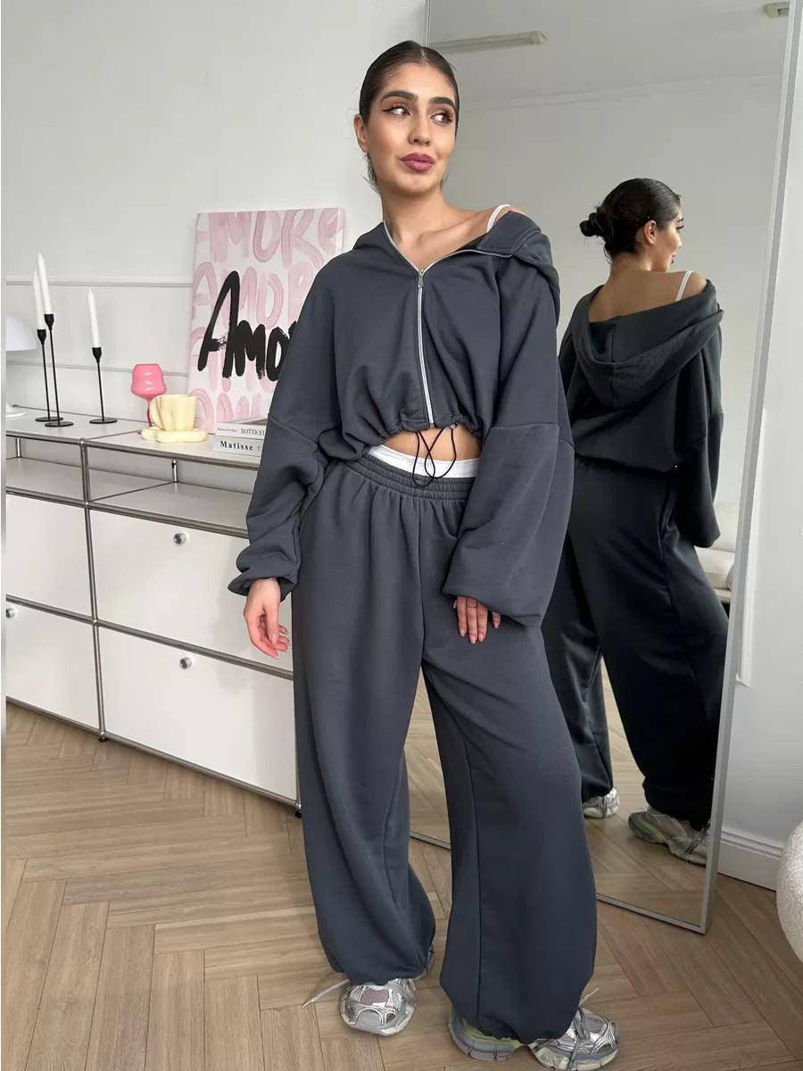 Damen nan cropped Reißverschluss-Hoodie mit Tunnelzugsaum und weitem Sweatpants-Schnitt Drune
