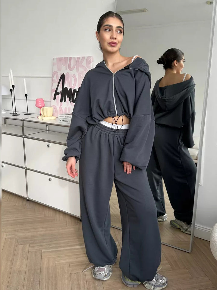 Damen nan cropped Reißverschluss-Hoodie mit Tunnelzugsaum und weitem Sweatpants-Schnitt Drune