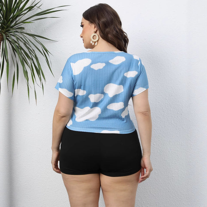 Damen cropped T-Shirt mit Wolkenmuster und elastischem Bund Drune