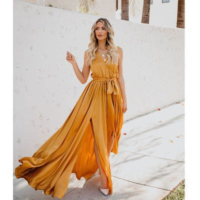Damen Maxikleid mit hoher Teilung und elegantem Taillengürtel Drune