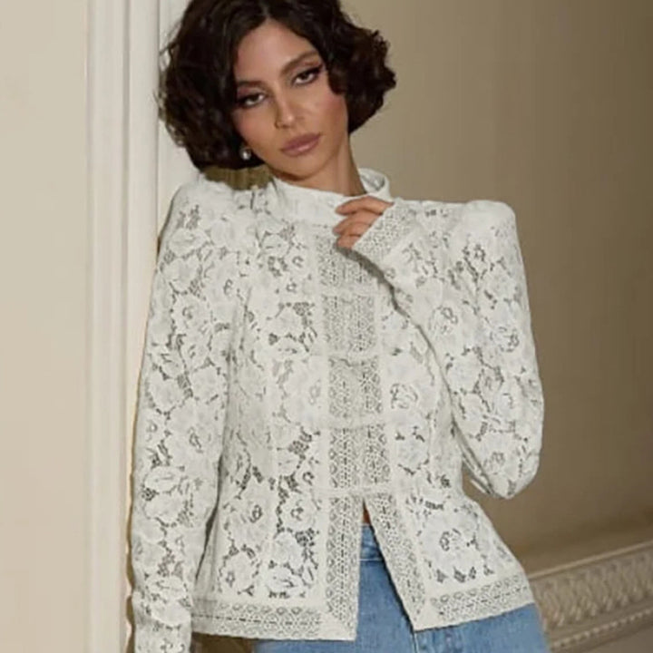 Damen Spitzen-Bluse mit feinen Rüschendetails und transparenten Ärmeln Drune