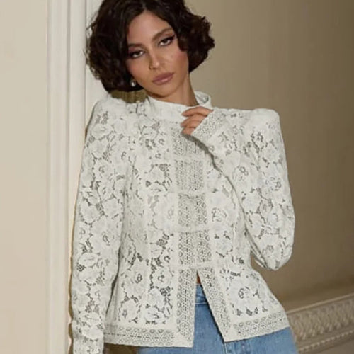 Damen Spitzen-Bluse mit feinen Rüschendetails und transparenten Ärmeln Drune