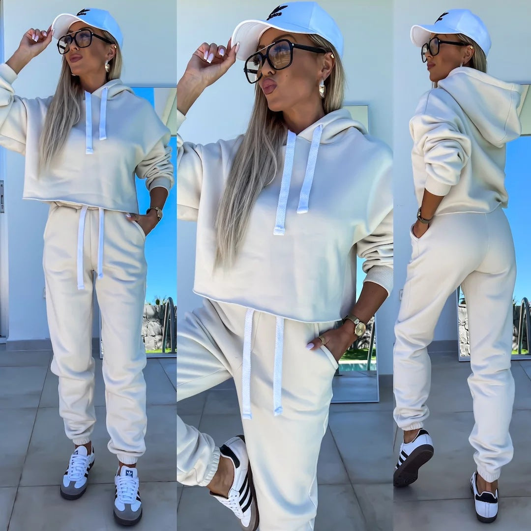 Damen bequemer Cropped Hoodie mit elastischem Bund und lässiger Jogginghose Set Drune