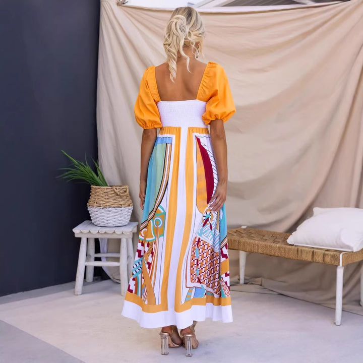 Damen Maxikleid mit kreativem Kunstdruck und Puffärmeln Drune