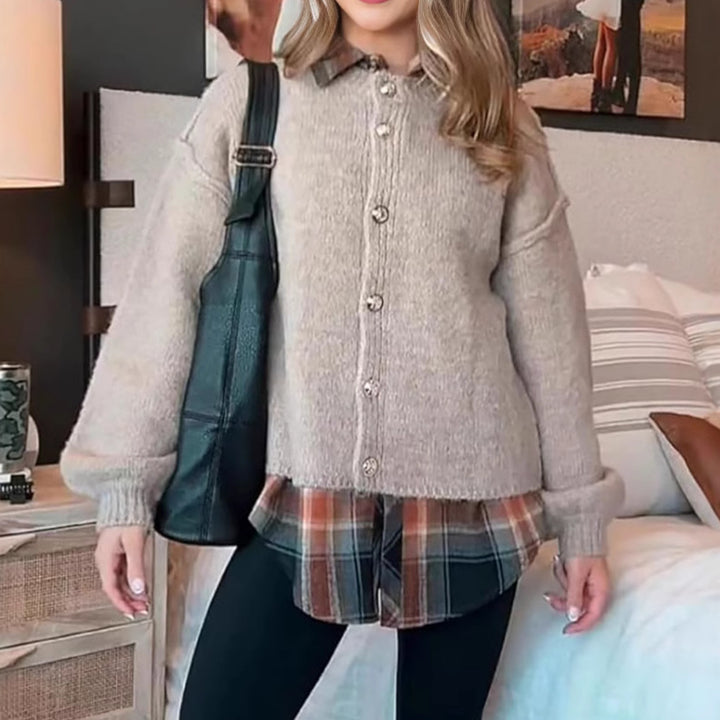 Damen kuscheliger Strickmantel mit voluminösen Ärmeln und goldenen Knopfdetails Drune