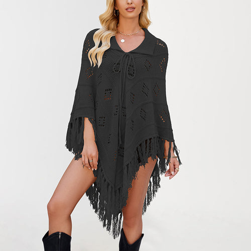 Damen Eleganter Strickponcho mit Fransen und Lochmuster Drune