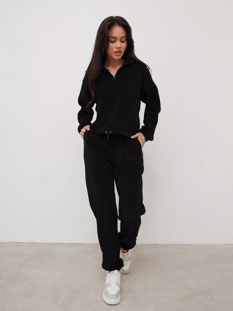 Damen Sportliches Loungewear-Set mit halbem Reißverschluss und elastischem Bund Drune
