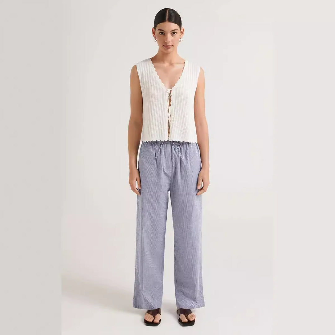 Damen lässige bequeme Schlafhose aus leichtem Baumwollstoff mit eleganten Streifen Drune