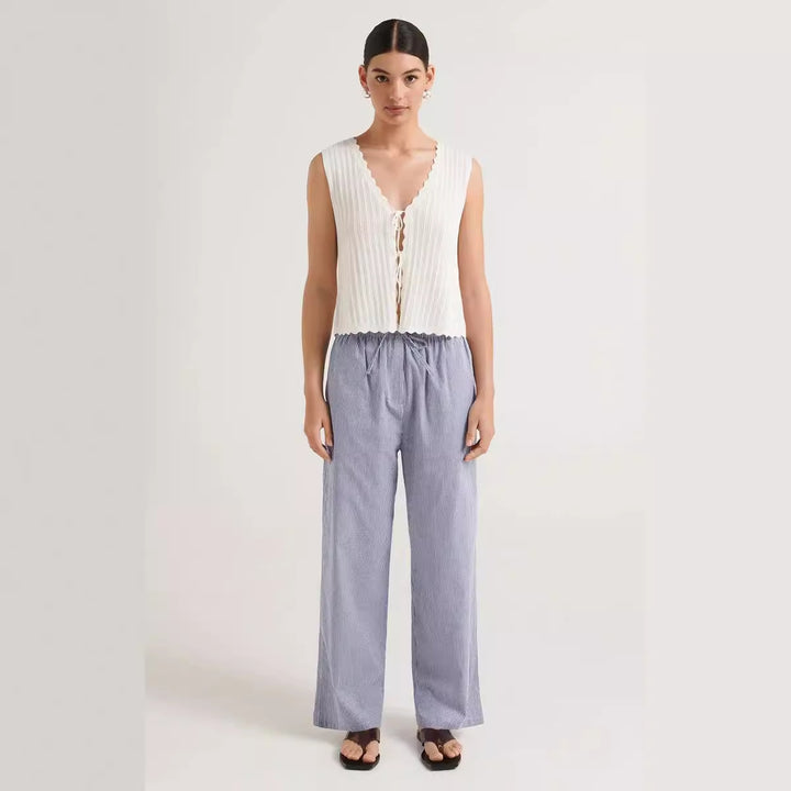 Damen lässige bequeme Schlafhose aus leichtem Baumwollstoff mit eleganten Streifen Drune