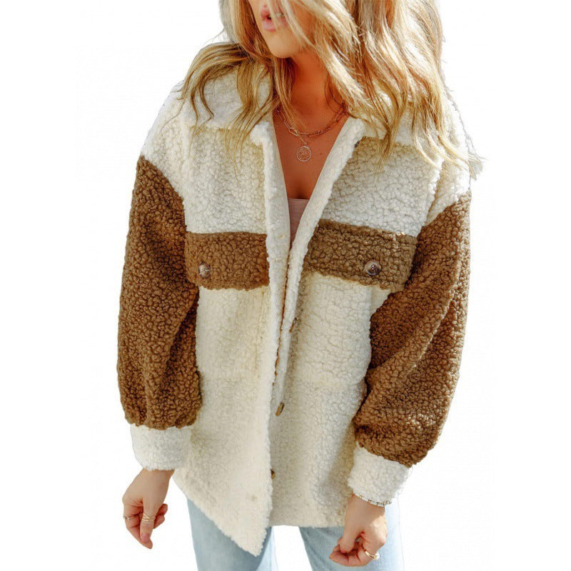 Damen Kuschelige Teddyjacke mit Kontrast-Ärmeln Drune