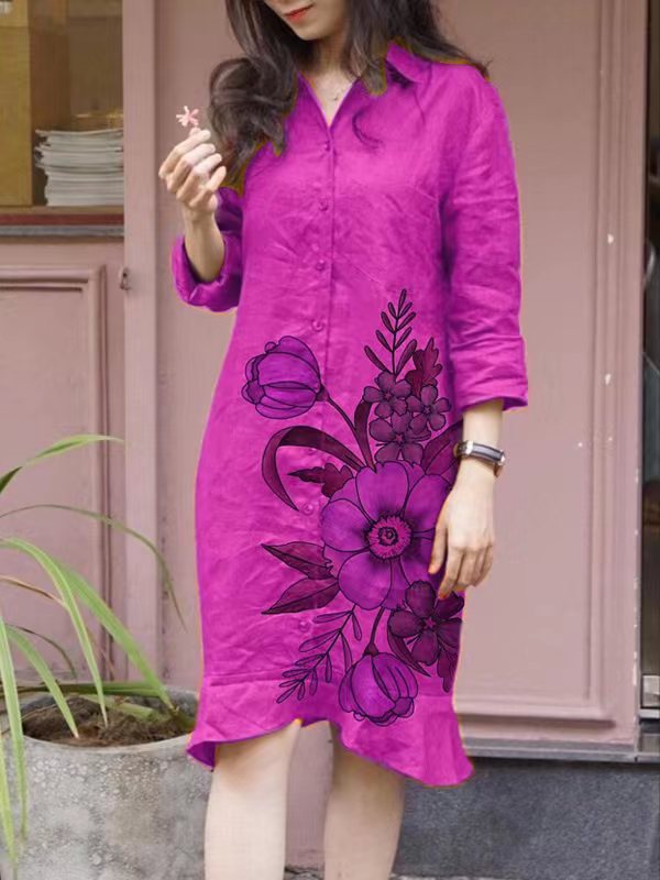 Damen Hemdblusenkleid mit floralen Motiven und tailliertem Schnitt Drune