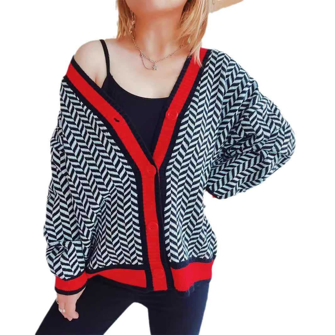 Damen Übergroße Strickjacke mit auffälligem Zickzackmuster und bunten Knöpfen Drune