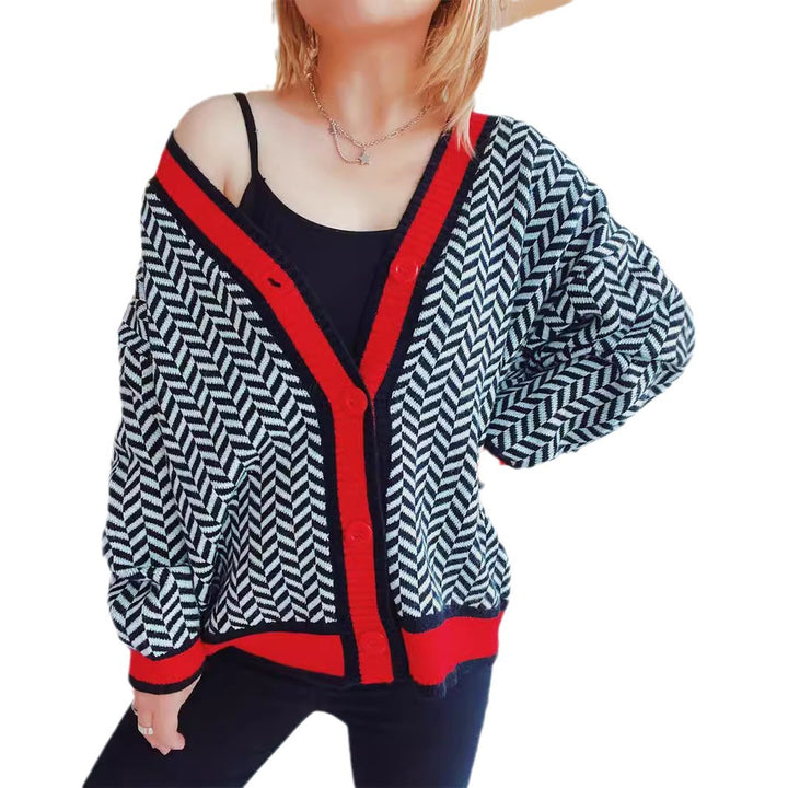 Damen Übergroße Strickjacke mit auffälligem Zickzackmuster und bunten Knöpfen Drune