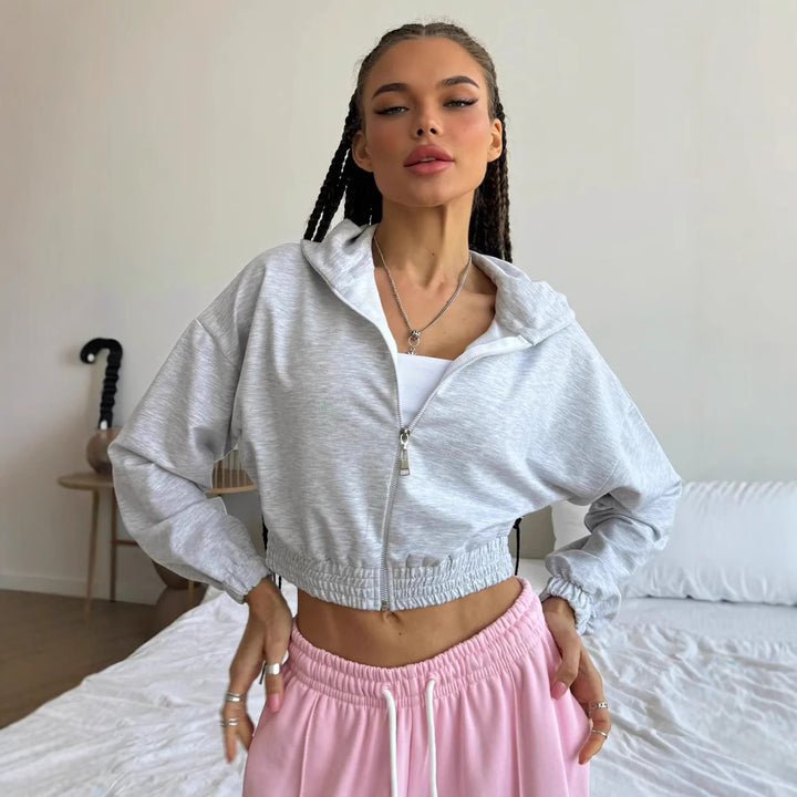 Damen cropped Kapuzenjacke mit elastischem Bund und lässigem Schnitt Drune