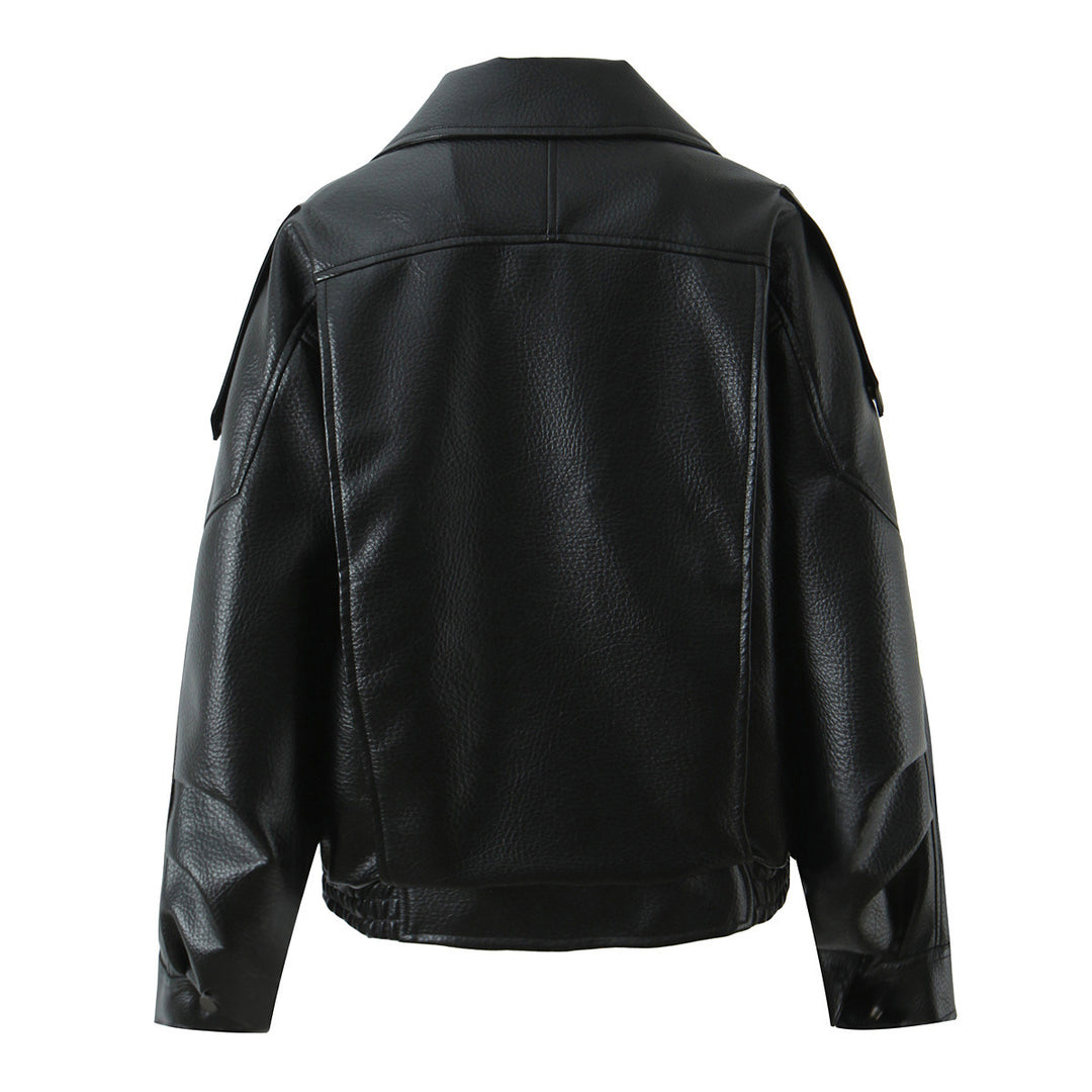 Damen lässige Kunstleder Bikerjacke mit praktischen Taschen und elastischem Bund Drune