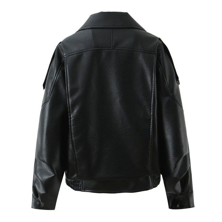 Damen lässige Kunstleder Bikerjacke mit praktischen Taschen und elastischem Bund Drune