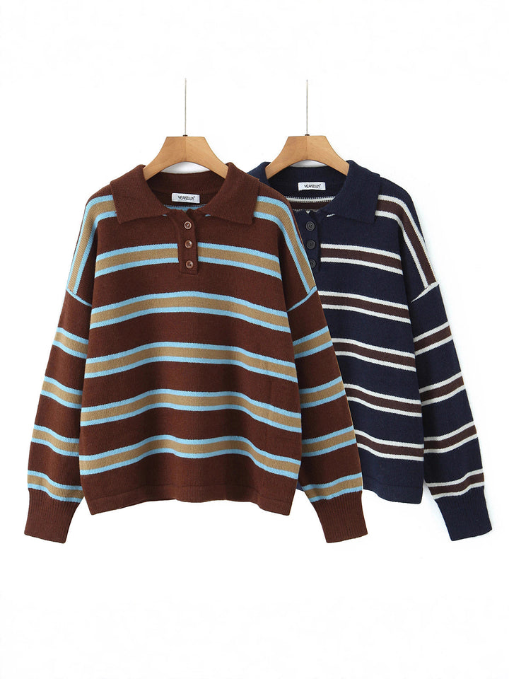 Damen modischer Polo-Pullover mit gestreiftem Design und Knopfleiste Drune