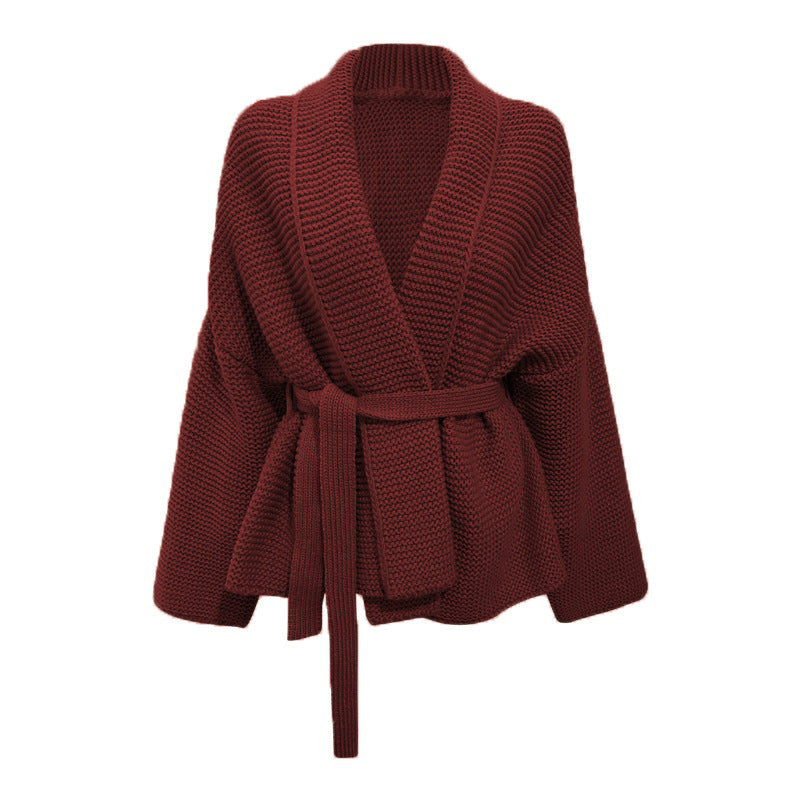 Damen Grobstrickjacke mit modernem Wickeldesign und breitem Kragen Drune